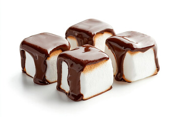 Tasty marshmallows dipped into chocolate isolated on white on white background