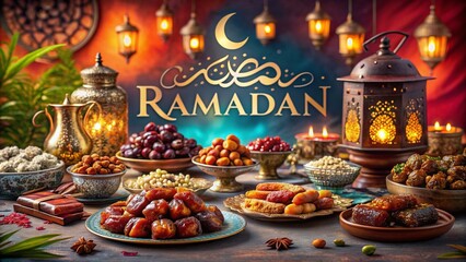 Fototapeta premium Delicious Ramadan Wishes in Arabic Captured Through Beautiful Food Photography with Traditional Dishes and Vibrant Decorations for Celebration and Sharing Joy