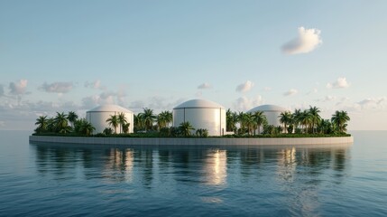 Fototapeta premium A serene island with white storage tanks surrounded by lush greenery, reflecting in calm waters under a clear sky.