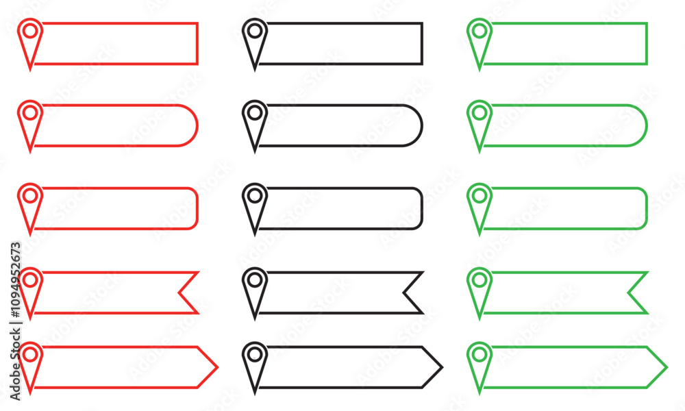 Poster set of red, green and black pin text tag icons. pointer icon pin on the map with space for text. iso