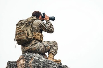 Fototapeta premium Camouflaged soldier photographs from rocky outcrop.