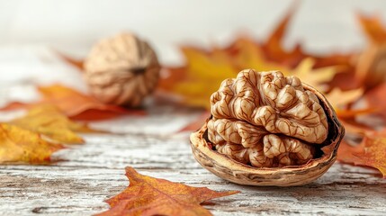 Obraz premium A close-up of walnuts on a rustic wooden surface surrounded by autumn leaves, capturing the essence of fall and natural textures.