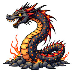 Magical fire serpent slithering through fiery rocks in a colorful fantasy illustration, digital art of fantasy creature concept.