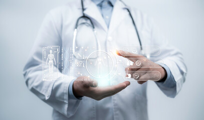 Doctor using futuristic holographic medical interface with anatomy charts, DNA, and health analytics. Represents AI in healthcare, digital diagnostics, and modern medical technology concepts