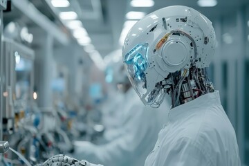 Fototapeta premium A robot with a transparent head displays intricate circuitry and blue glowing components, symbolizing advanced technology and robotics in a futuristic lab environment.