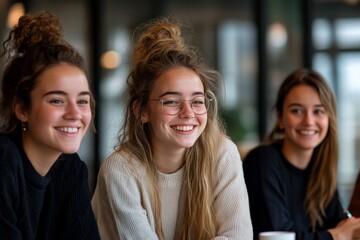 Three young women share smiles and laughter in a cozy coffee shop setting, emphasizing friendship and warmth in a relaxed atmosphere.