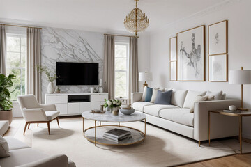 Luxurious living room featuring a marble accent wall, stylish furniture, and a gold chandelier. The serene and modern design creates a welcoming and sophisticated atmosphere.