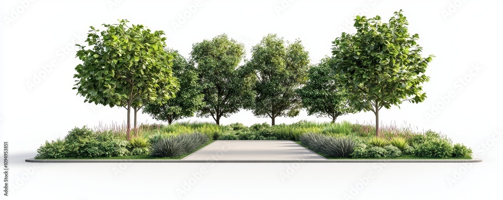 Poster a modern landscape design featuring a walkway flanked by lush trees and greenery, creating a serene 