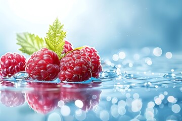 Ripe raspberries with green leaf on water surface closeup