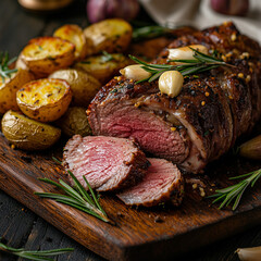 Rustic presentation of roasted lamb leg with rosemary and garlic, on a wooden board