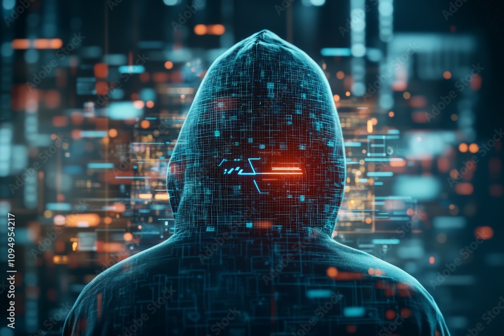 Poster an anonymous hooded figure in a dimly lit environment, surrounded by a vibrant digital overlay of ne