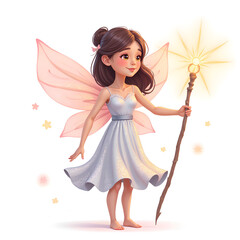 Fototapeta premium Luna, the enchanted fairy with sparkling wings and a magical wand in a dreamy landscape, digital art of character design concept.