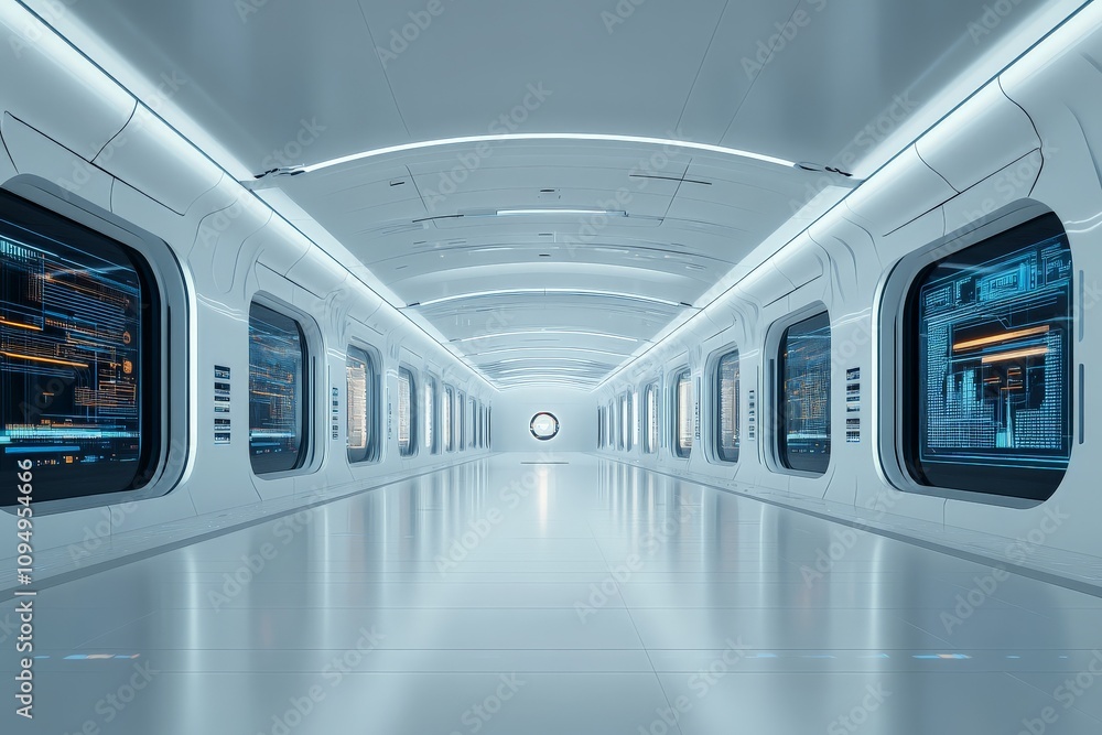 Poster a sleek, futuristic hallway with illuminated panels and minimalist design elements, showcasing archi