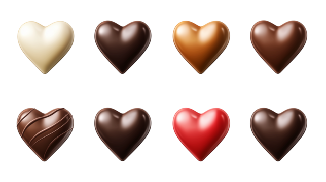 Assortment of heart-shaped chocolates in white, milk, dark, caramel, and red variations, displayed with a glossy finish isolated on the transparent background. Concept of Valentine's Day.