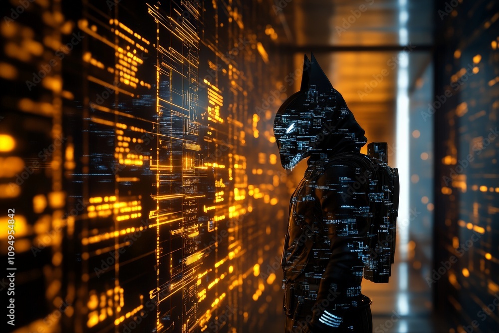Poster a shadowy futuristic silhouette stands amid intricate digital schematics, representing the enigma of