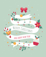 Christmas and New Year illustration with a bow sweets and pine branches