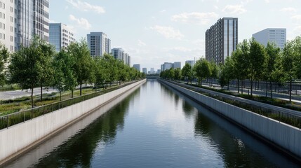A serene urban landscape featuring a river bordered by modern buildings and lush trees under a clear sky.
