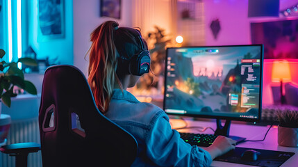 Professional cyber video gamer woman in studio