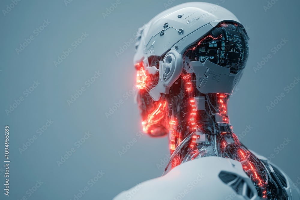 Poster a high-tech cyborg with red glowing circuits depicting advanced technology in a sleek robotic form, 