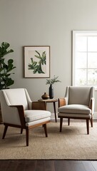 Fototapeta premium Midcentury modern armchairs with neutral upholstery timeless design