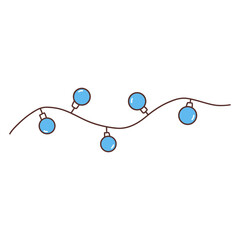 Garland with blue glowing bulbs. Christmas and New Year decoration. Colorful vector isolated illustration hand drawn doodle. Seasonal festive element. Single card or icon contour clip art