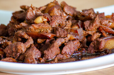 Delicious pork cooked in soy sauce. Asian food concept