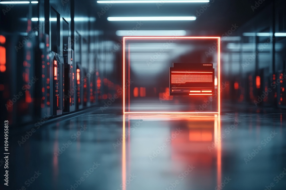 Poster the image features a futuristic computer server glowing vibrantly in a dark tech corridor, represent