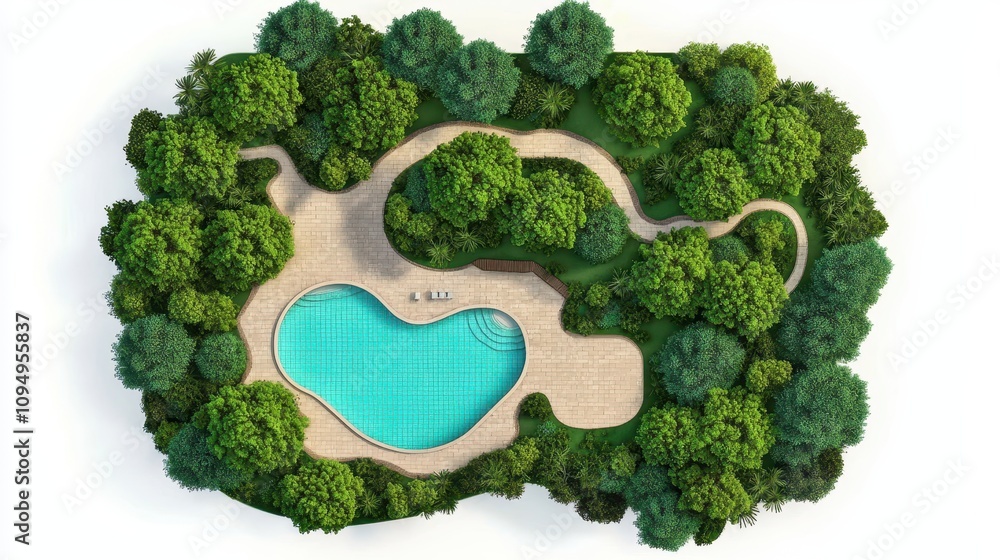 Poster aerial view of a serene pool surrounded by lush greenery and a winding path, creating a tranquil out