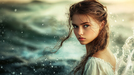 Obraz premium A young woman, looking beautiful, stands in the water.