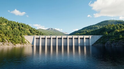 Fototapeta premium A dam stands tall against a backdrop of green hills and a clear blue sky, reflecting its structure in the calm water below.