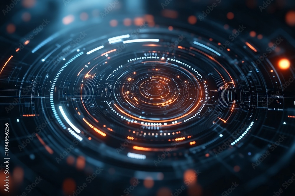 Poster a mesmerizing abstract digital circle with dynamic light patterns and concentric design evokes conce