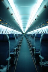 Fototapeta premium Empty Aisle in a Modern Airplane Cabin with Rows of Navy Blue Seats and Bright Overhead Lighting