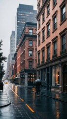 Rainy city street scene in muted colors urban and cozy