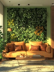 Living Room Decor With Orange Sofa And Lush Green Wall