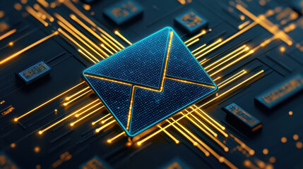 Glowing digital envelope icon with blue and yellow accents on circuit board background, symbolizing communication and technology