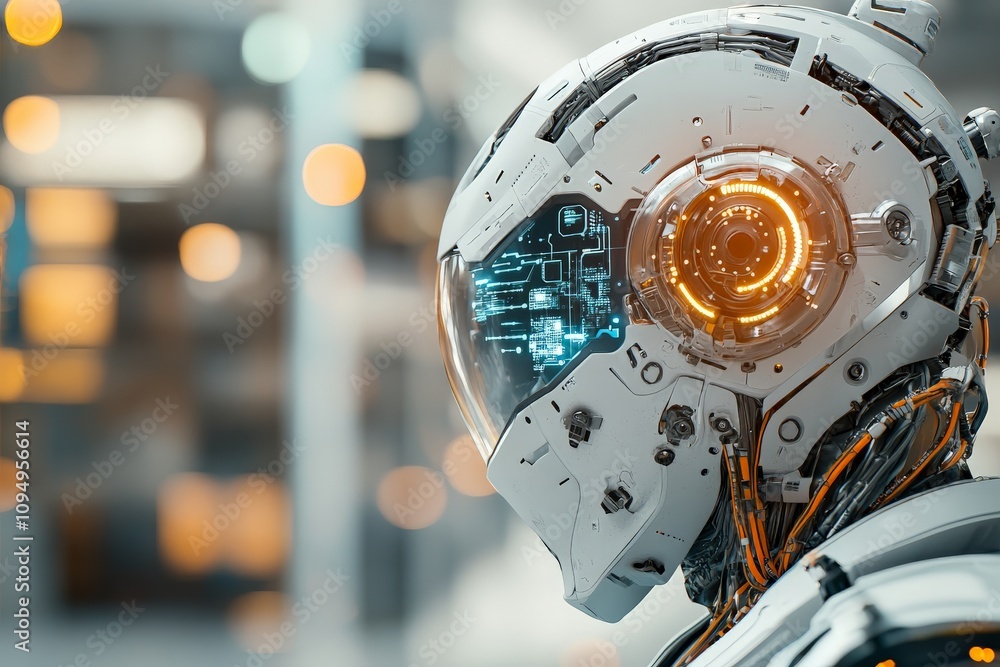 Poster a futuristic robot exhibiting an intricate mechanical design and glowing lights represents the dawn 