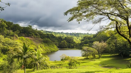 Obraz premium A lush green field with a lake in the middle and trees surrounding it