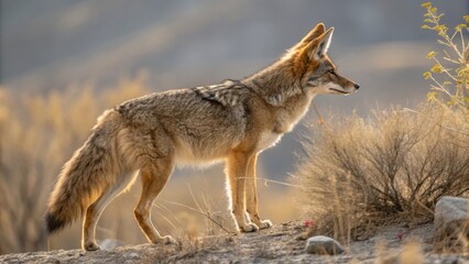 Fototapeta premium An adventurous coyotethemed ensemble showcasing perked ears that reflect a desert palette along with a bushy tail that adds to their wild spirit.