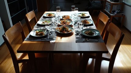 Dinner celebration event home dining room food photography cozy indoor setting overhead view family bonding concept