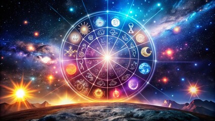 Obraz premium Discovering Los Signos: A Visual Journey Through the Zodiac with Artistic Interpretations of Each Sign in a Vibrant Cosmic Landscape