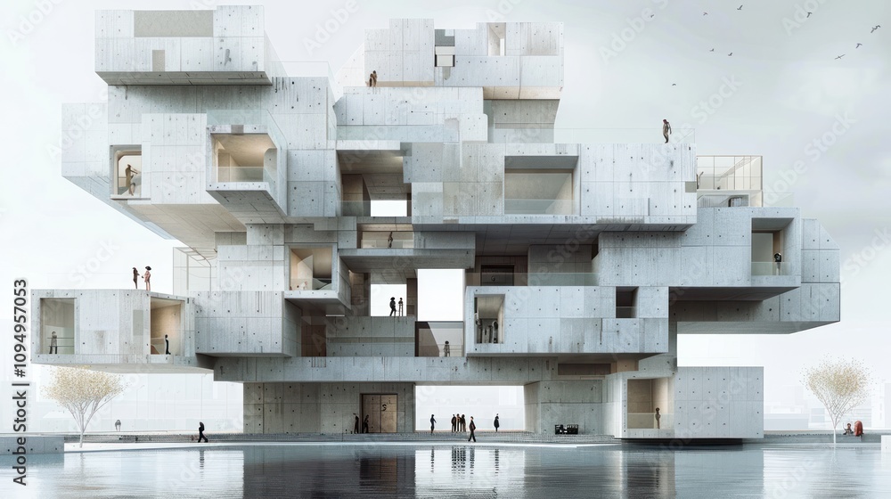 Poster a modern architectural structure with interlocking volumes and open spaces.
