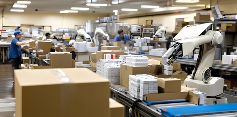 A busy warehouse with robotic arms and workers handling packages and boxes.