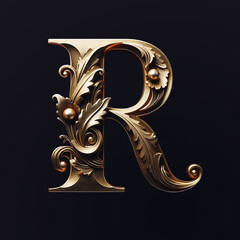 Alphabet letter R with metallic gold or brass texture isolated on black background, baroque style font design, golden uppercase abc for poster, cover, book
