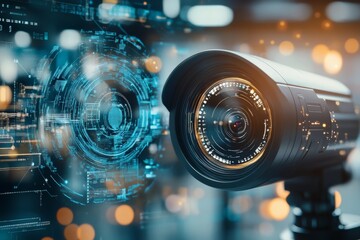 A surveillance camera juxtaposed with digital holograms shows the merging of security technology and futuristic digital capabilities.