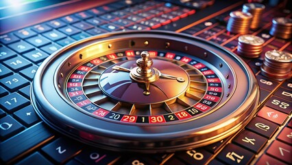Naklejka premium Double Exposure of Roulette Wheel on Computer Keyboard Symbolizing Online Gambling and Data Privacy with a Blend of Technology and Chance