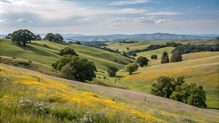 Rolling hills with wildflowers and trees in the distance, blooming flowers, rural landscape, serene atmosphere, countryside scenery