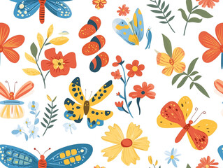 Fototapeta premium A colorful butterfly pattern with flowers and leaves. The butterflies are of different sizes and colors. 