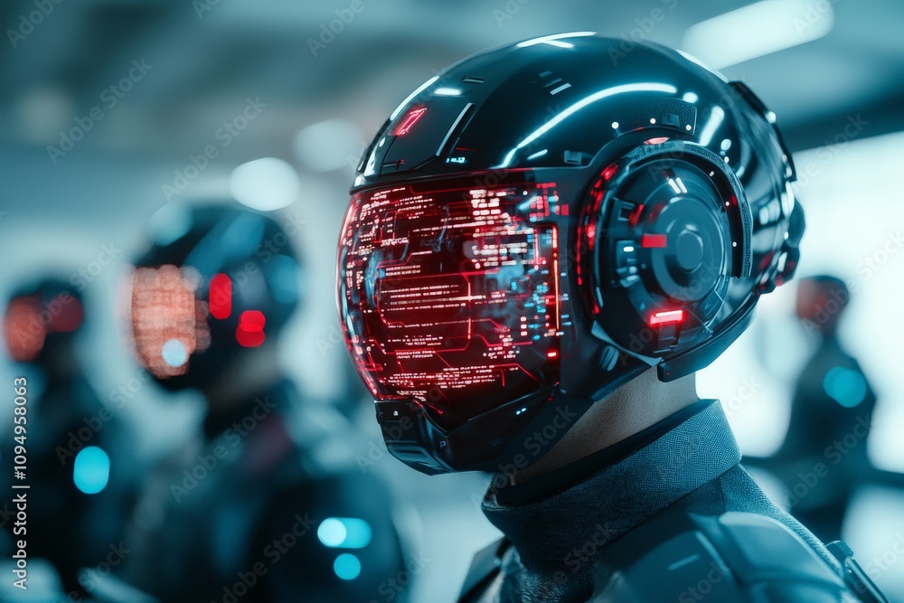 Poster a futuristic helmet with an illuminated digital interface, designed for a high-tech environment refl