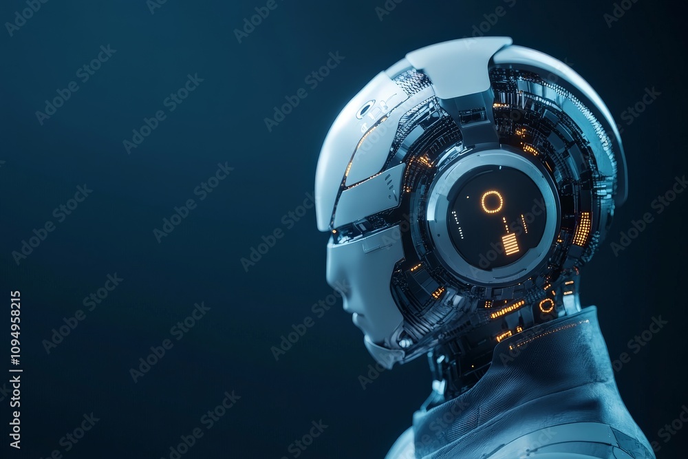 Poster a detailed side view of a futuristic robot with visible internal circuitry and glowing lights, symbo