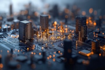 A digital art depiction of a cityscape made of microchips and glowing circuits, capturing the intersection of technology and urban life in a futuristic world.